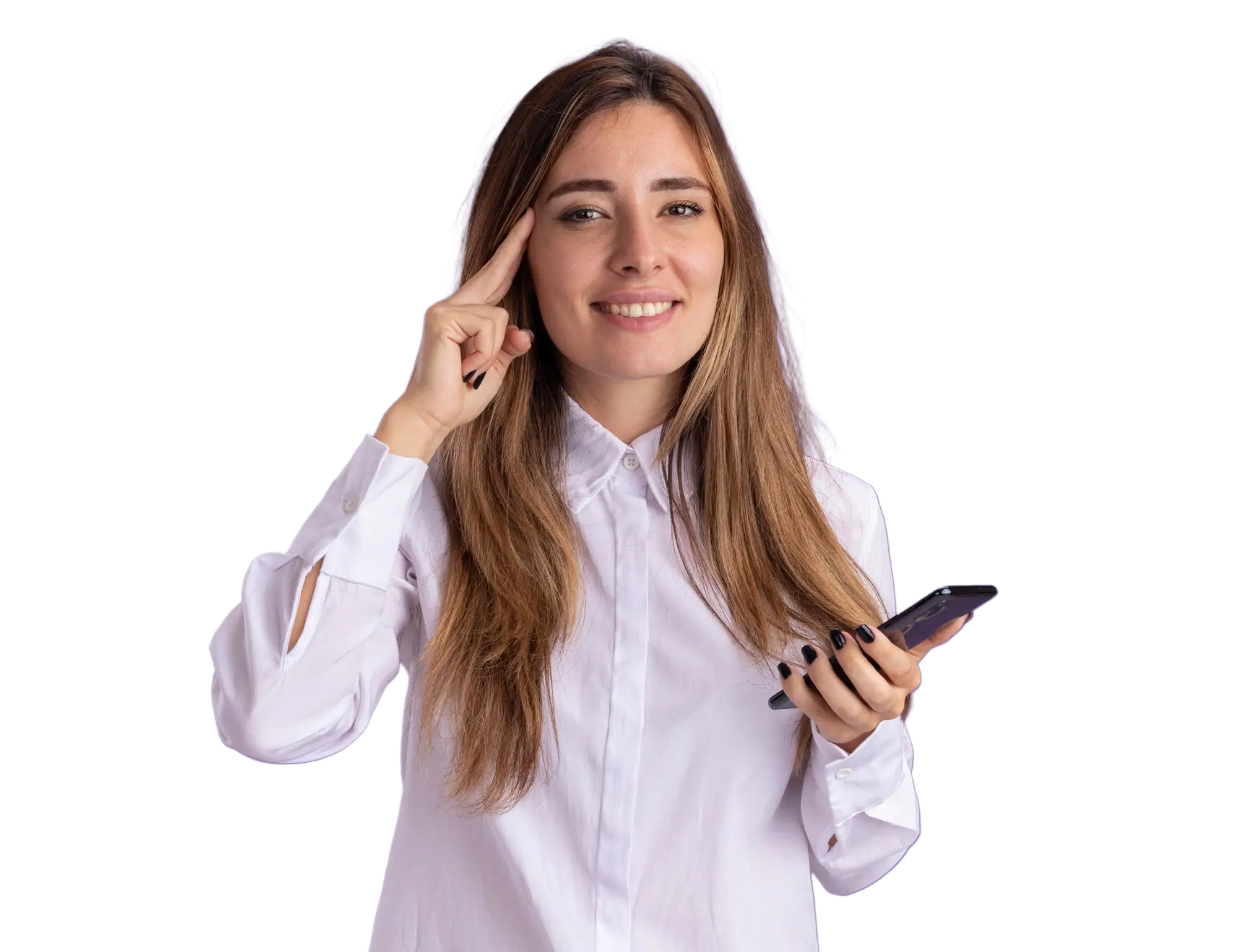 אישה מחייכת מחזיקה טלפון נייד ומציגה תנועה עם היד של ראש שקט