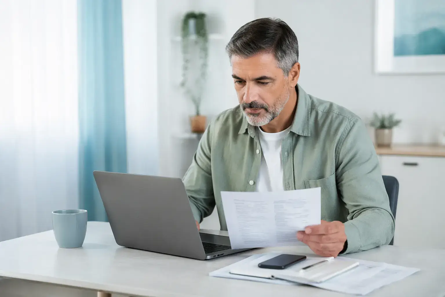 אדם בודק מסמכי שכר וטפסים פיננסיים לצד מחשב נייד בסביבה ביתית מסודרת, להמחשת שירות החזרי מס של אלוני פיין