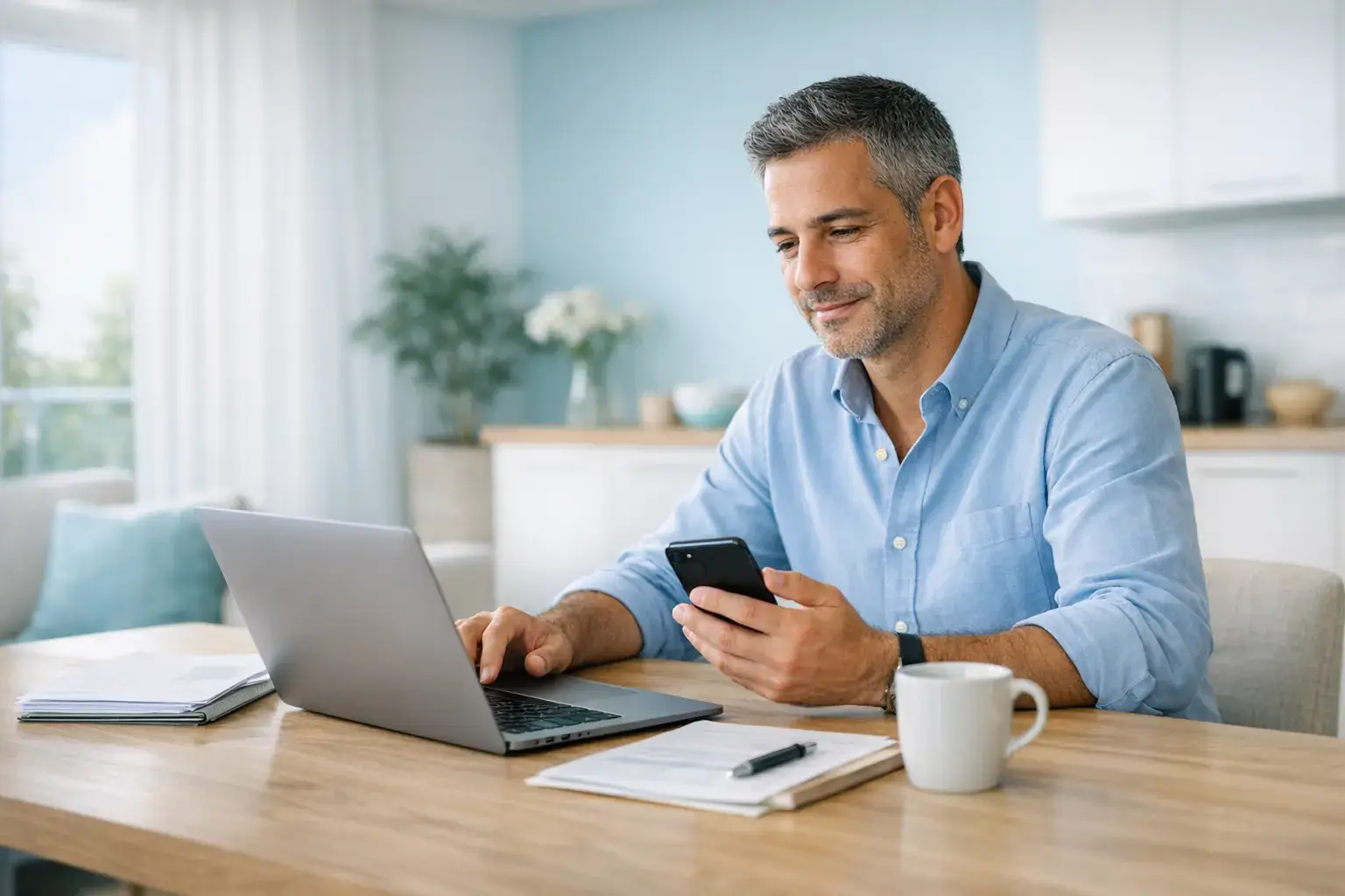 אדם בוחן אפשרויות מימון דיגיטליות דרך מחשב נייד וטלפון נייד, להמחשת שירות הלוואה לכל מטרה של אלוני פיין