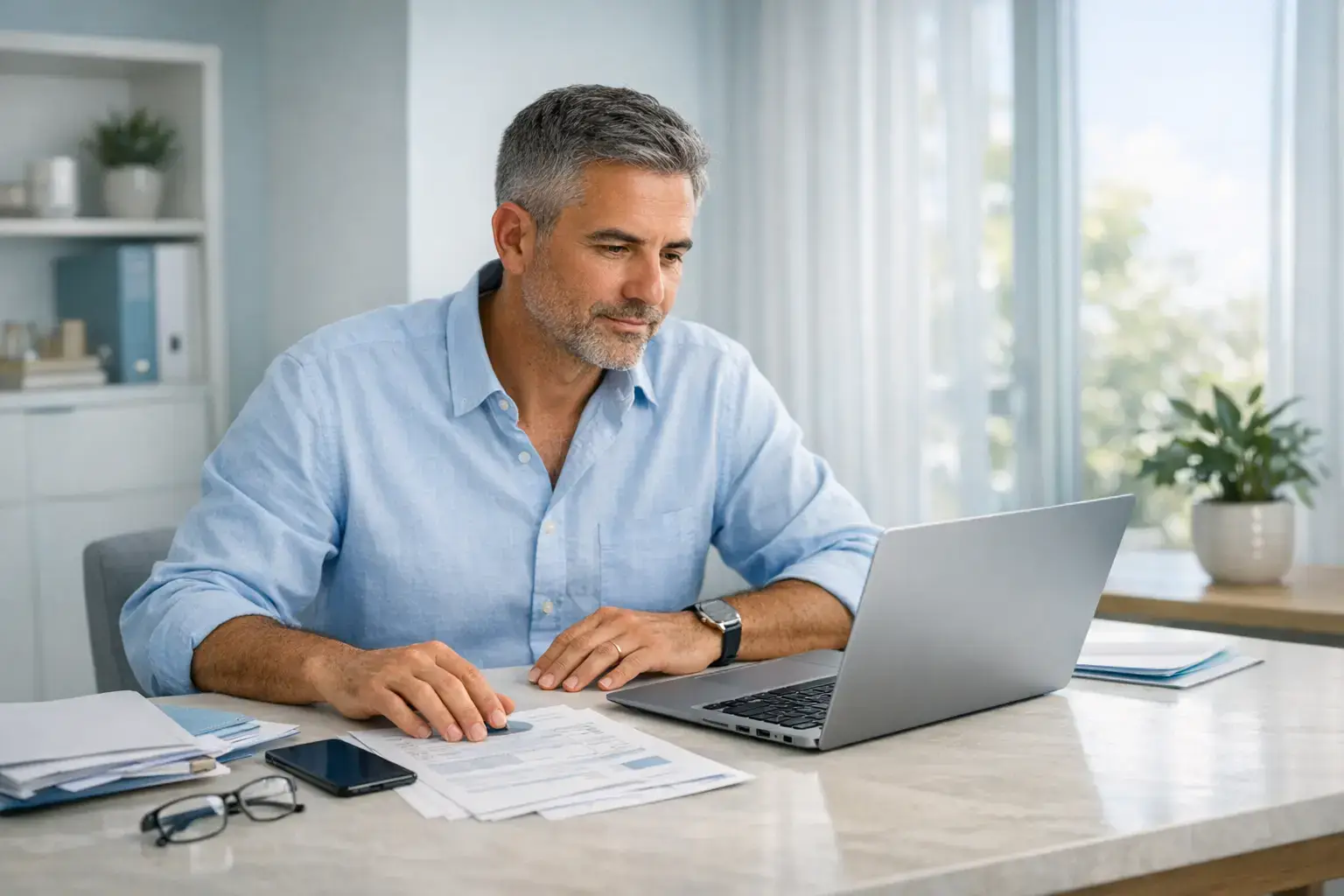אדם בודק אפשרויות מימון מול חיסכון פנסיוני דרך מחשב נייד ומסמכים בסביבה ביתית מודרנית, להמחשת שירות הלוואה מהפנסיה של אלוני פיין