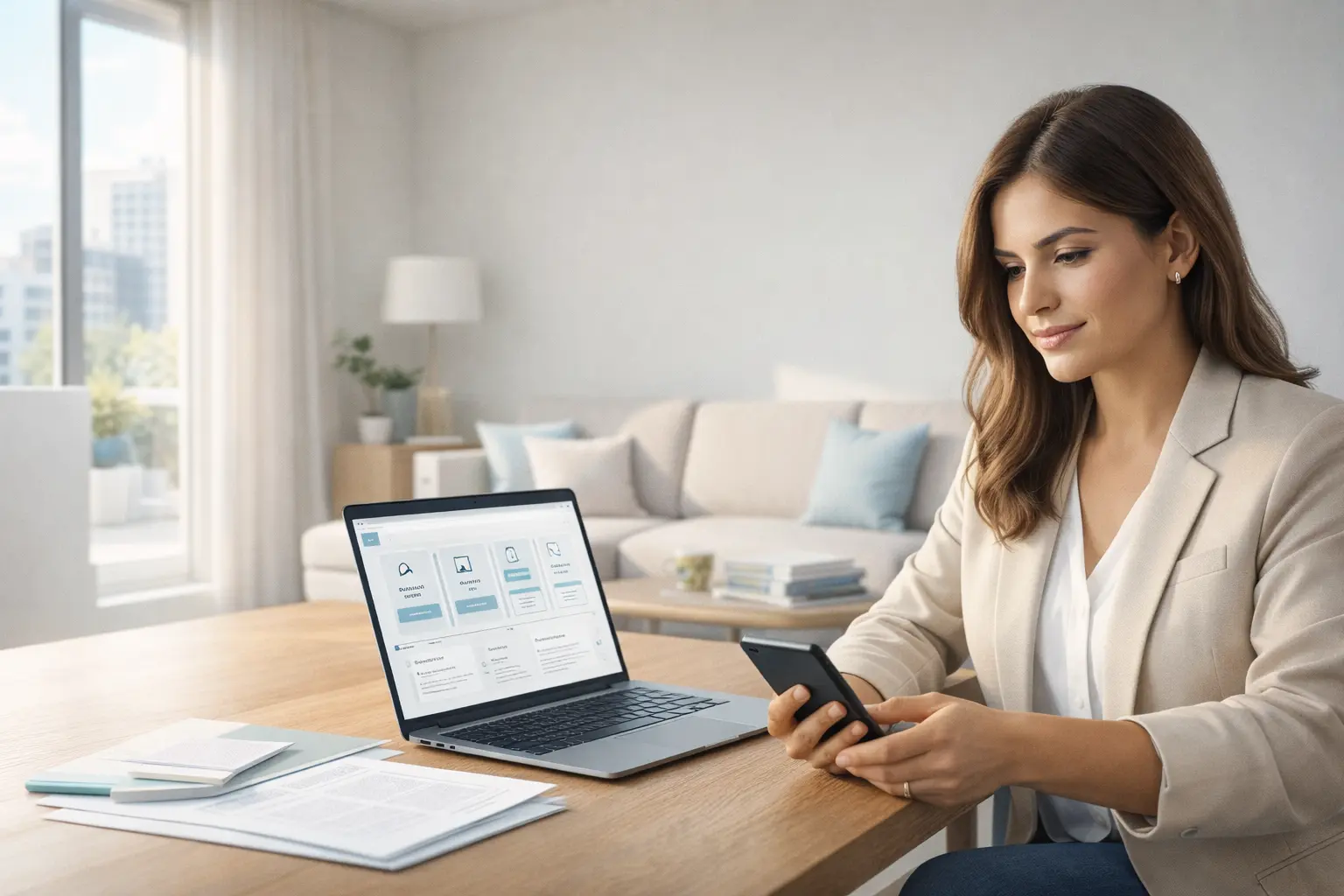 אישה בודקת אפשרויות מימון דיגיטליות דרך מחשב נייד וטלפון נייד בסביבה ביתית מודרנית, להמחשת שירות הלוואות חוץ בנקאיות של אלוני פיין