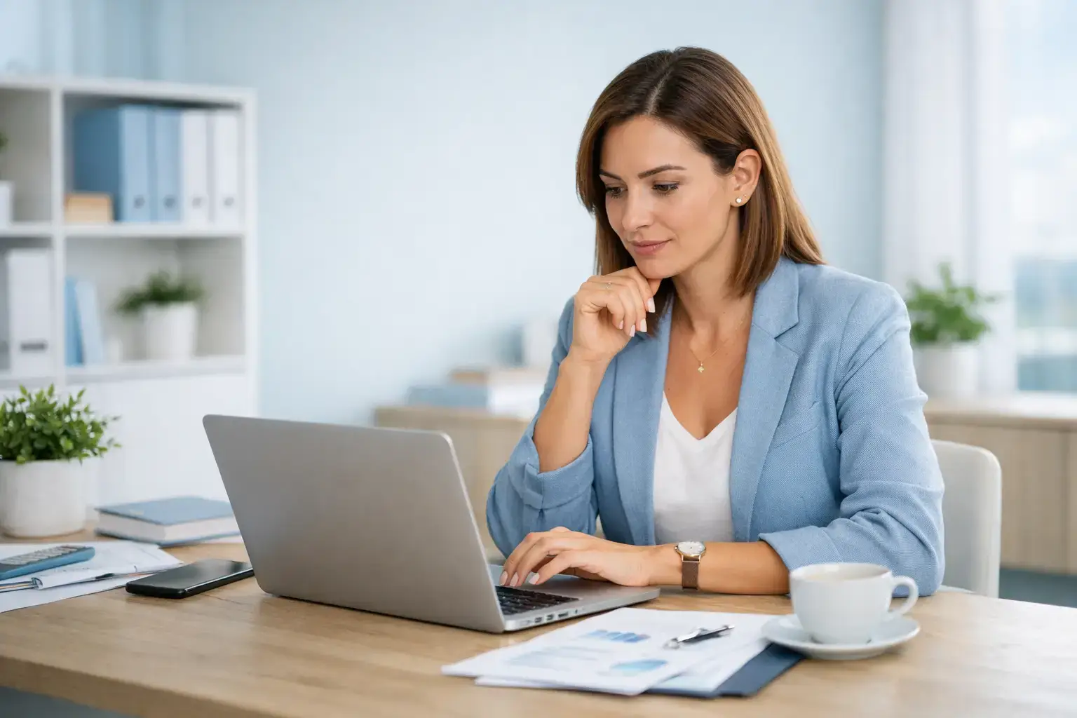 בעלת עסק ישראלית בודקת אפשרויות מימון לעסק דרך מחשב נייד וטלפון נייד בסביבת עבודה מודרנית, להמחשת שירות הלוואות לעסקים של אלוני פיין