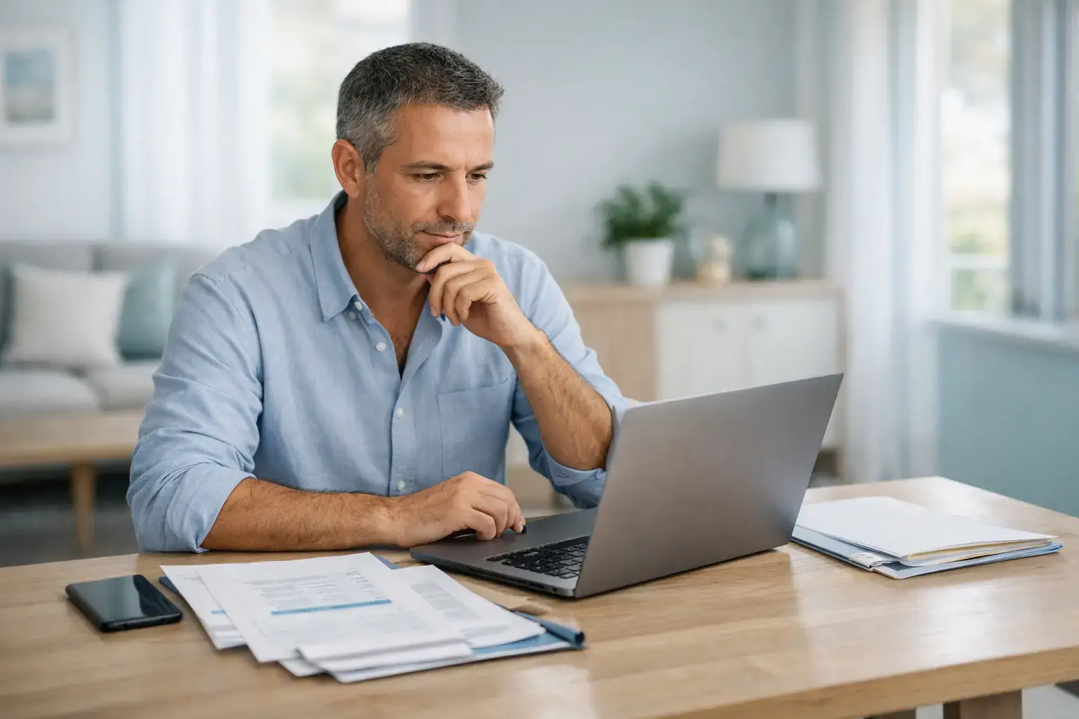 אדם בודק מסמכים ונתונים פיננסיים במחשב נייד וטלפון נייד בסביבה מודרנית ושקטה, להמחשת שירות הלוואות למסורבים של אלוני פיין