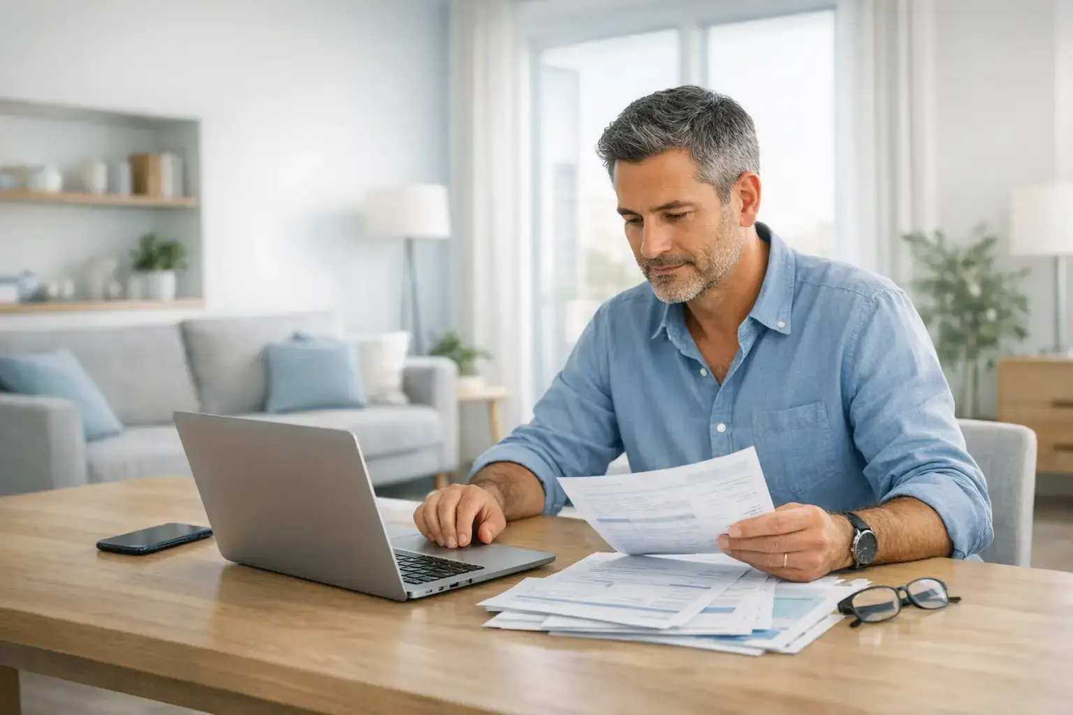 בעל נכס בודק מסמכים ואפשרויות מימון במחשב נייד ובטלפון בסביבה מודרנית, להמחשת שירות איחוד הלוואות לבעלי נכס של אלוני פיין