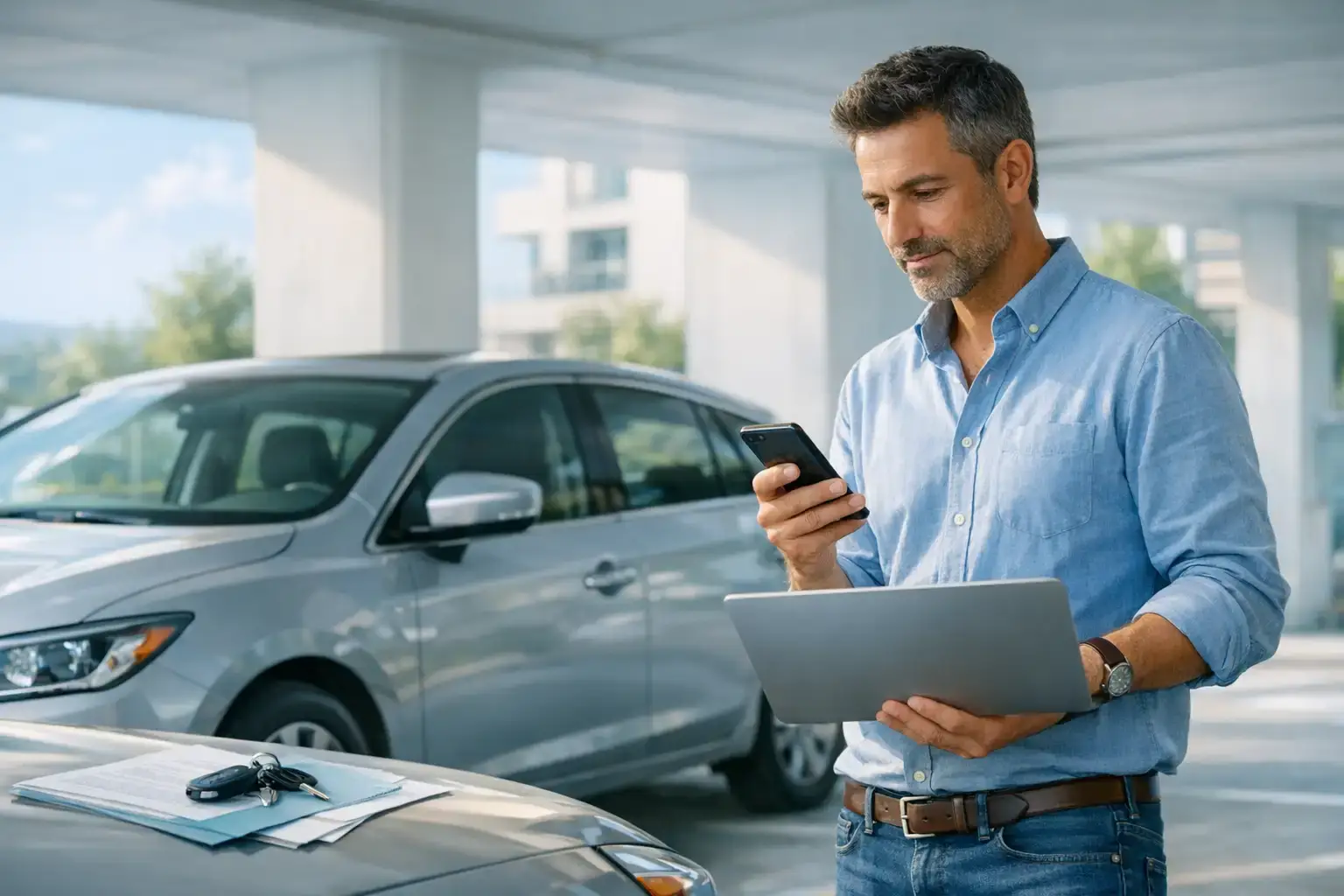 בעל רכב ישראלי בודק אפשרויות מימון דרך מחשב נייד וטלפון נייד לצד רכב פרטי בחניה מוארת, להמחשת שירות הלוואה כנגד רכב של אלוני פיין