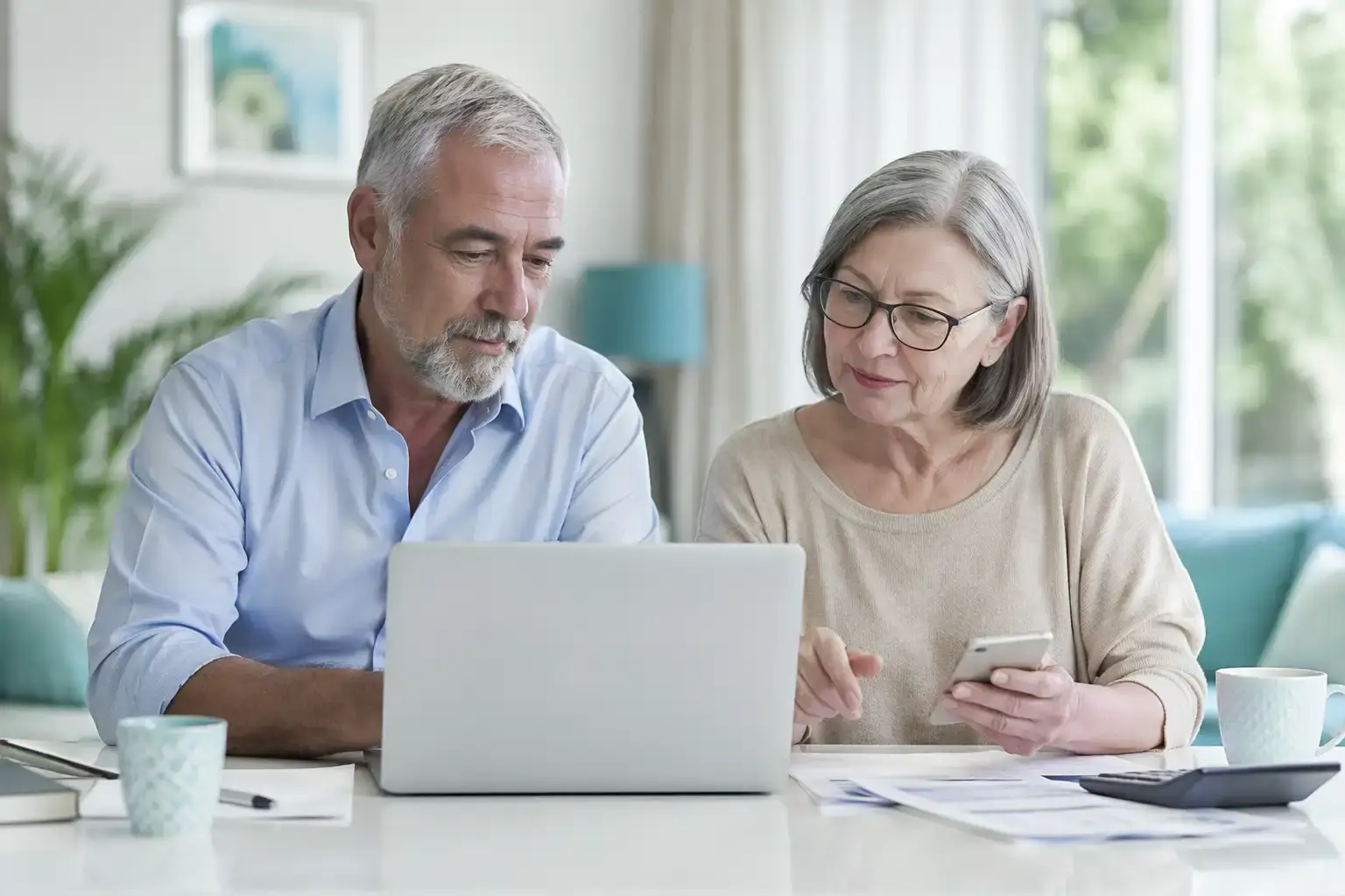 זוג מבוגר יושב בבית מואר ובודק אפשרות למשכנתא הפוכה באמצעות מחשב נייד, מסמכים מסודרים וטלפון נייד, להמחשת תהליך פיננסי רגוע ודיגיטלי