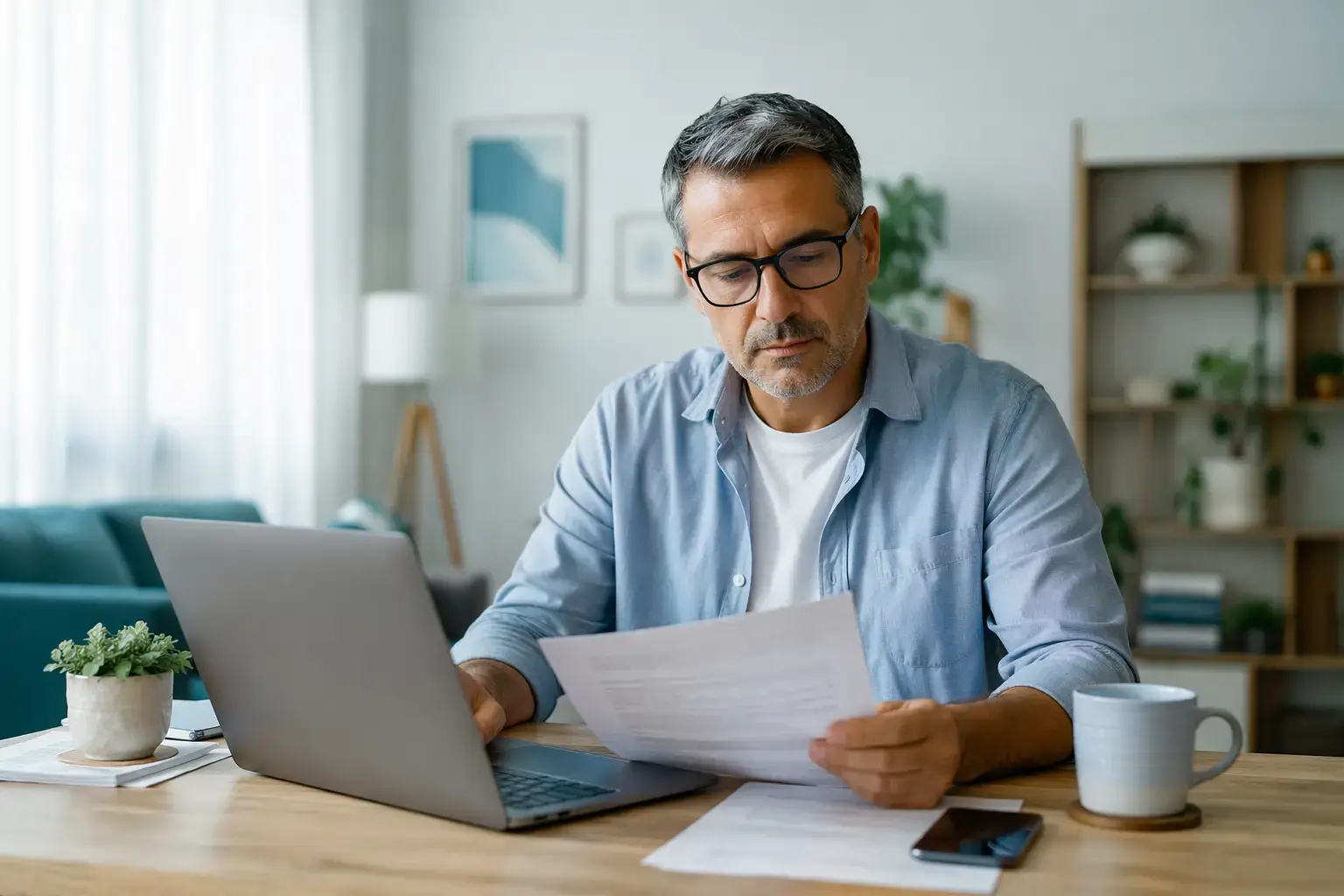 אדם בודק מסמכים פנסיוניים ואפשרויות דיגיטליות דרך מחשב נייד בסביבה ביתית מסודרת, להמחשת שירות משיכת כספי פנסיה של אלוני פיין